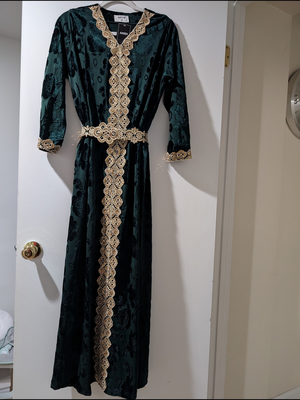 Emerald Green Maxi Dress with Gold Lace Trim